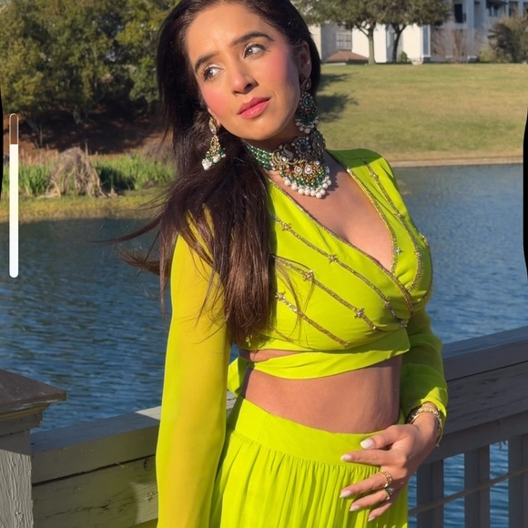 Fluorescent Green Anarkali Lehenga Blouse Set - Picture 2 of 3